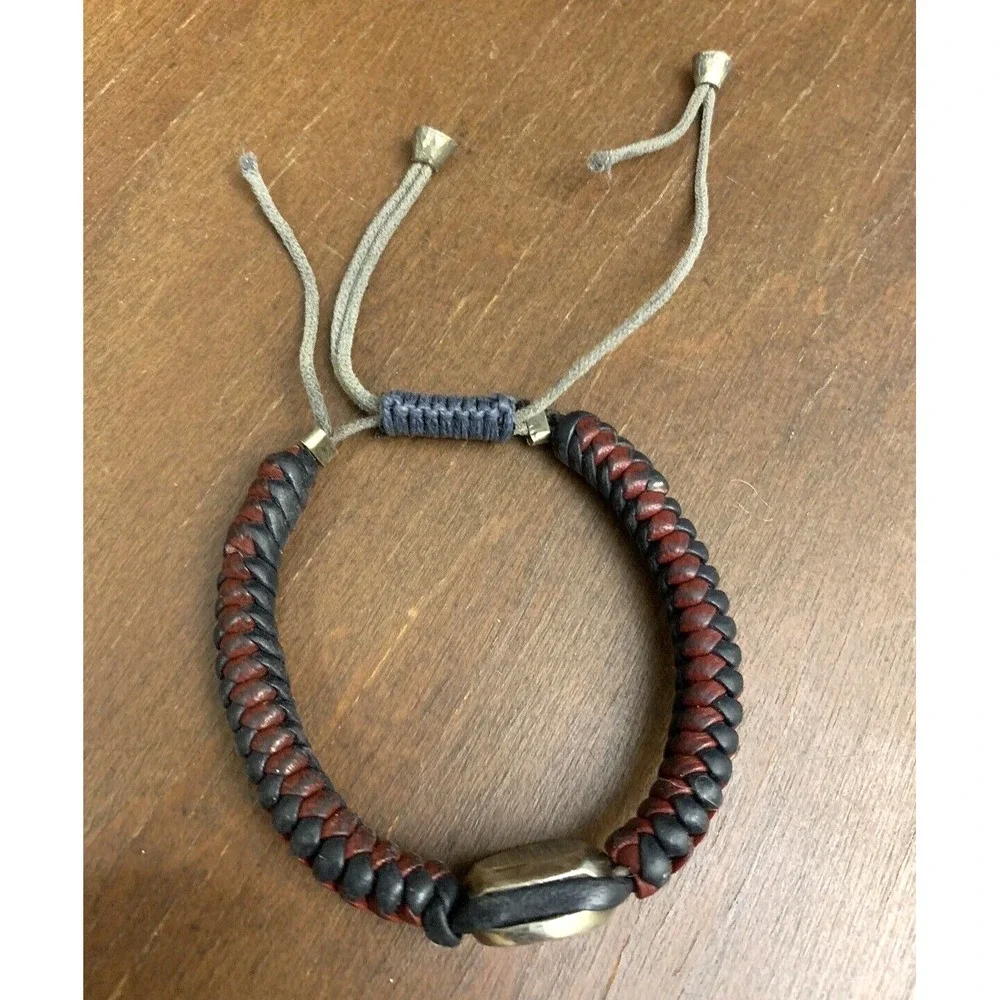 Gucci Bracelet Mens Braided Leather Vintage Sterling Silver Red Blue Crest FLAW